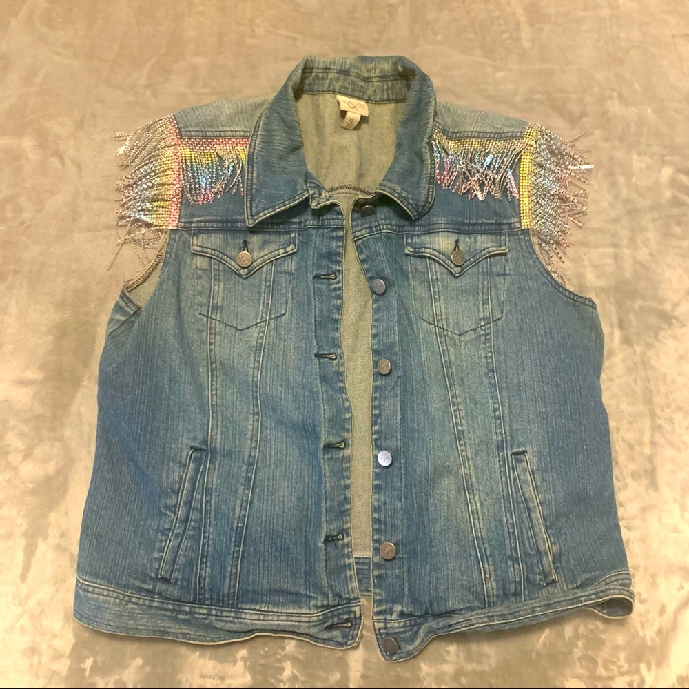 Rainbow Rhine Stone Fringe Denim Vest - Size XL